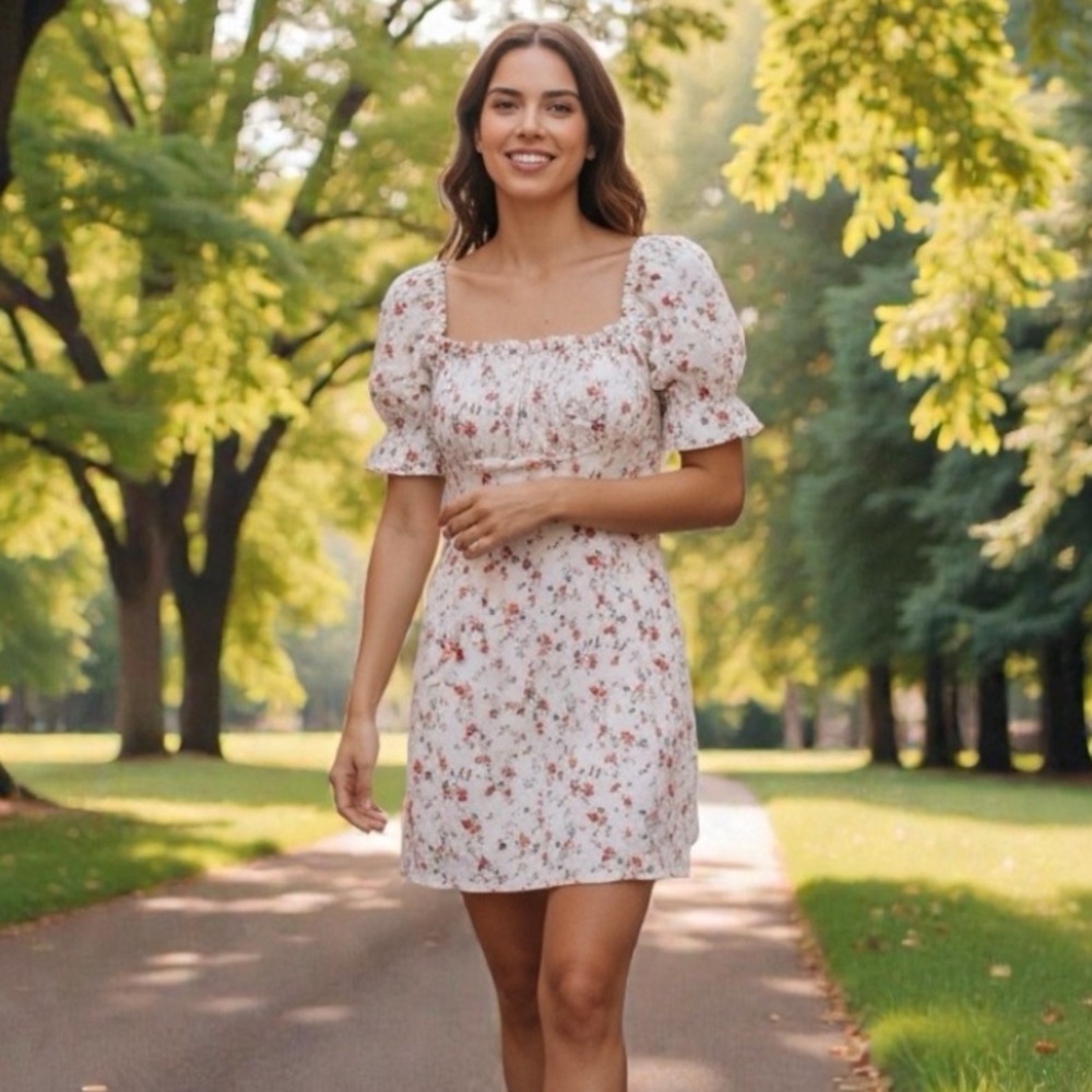 100% linen Reformation White Floral Mini Dress Robles puffed sleeves - Picture 2 of 12